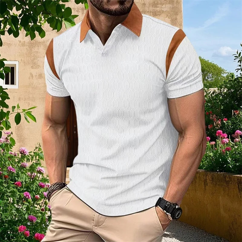 Men s Short Sleeve T-Shirts with Jacquard Patchwork Design and Turn Down Collar for Casual Summer Fashion Fit