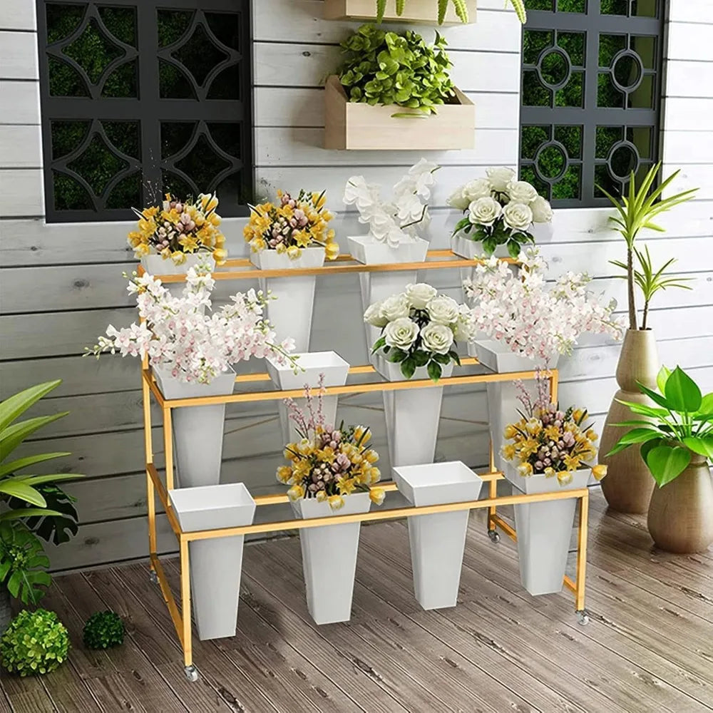 Flower Display Stand With 12PCS Buckets, 3 Layers Metal Plant Stand with Wheels, Living Room, Florist (White - Square Bucket)