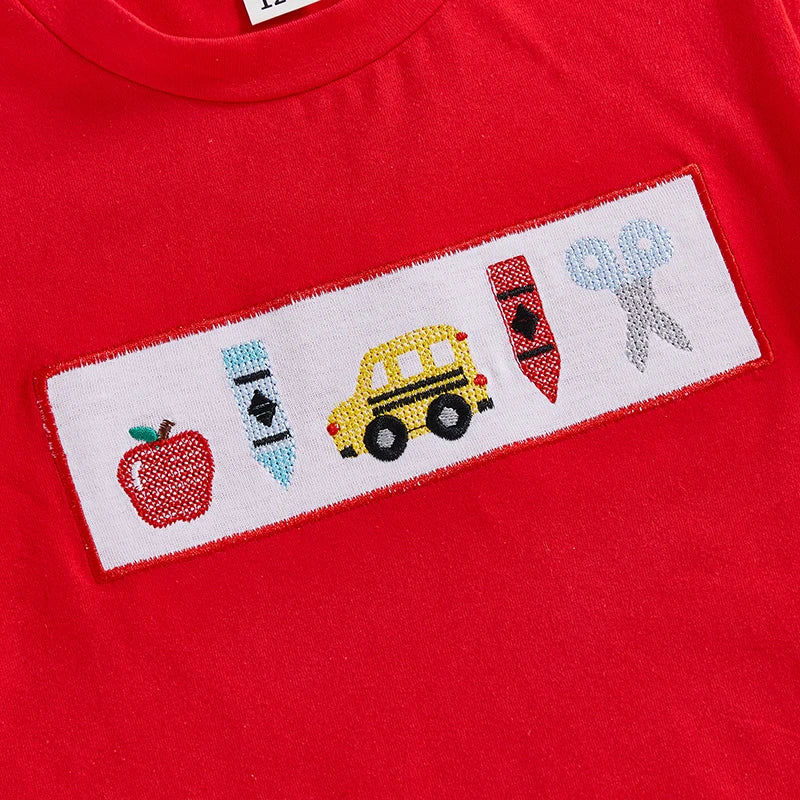 Boys Summer Outfit Set with Short Sleeve O Neck Embroidered Top and Plaid Shorts for a Stylish Look