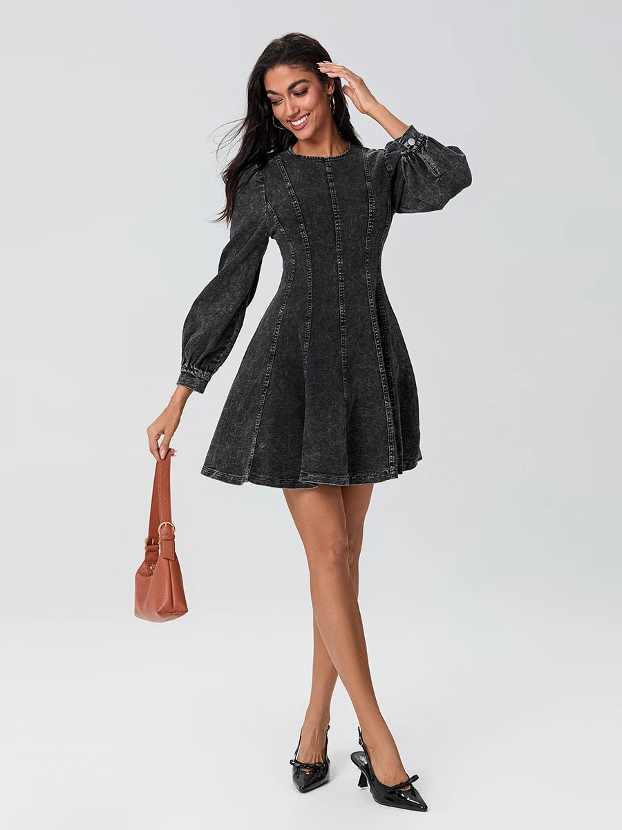Elegant Women s Fall Denim Dress with Long Sleeves O Neck and Smocked Waist - Stylish A-line Mini Dress in Solid Color
