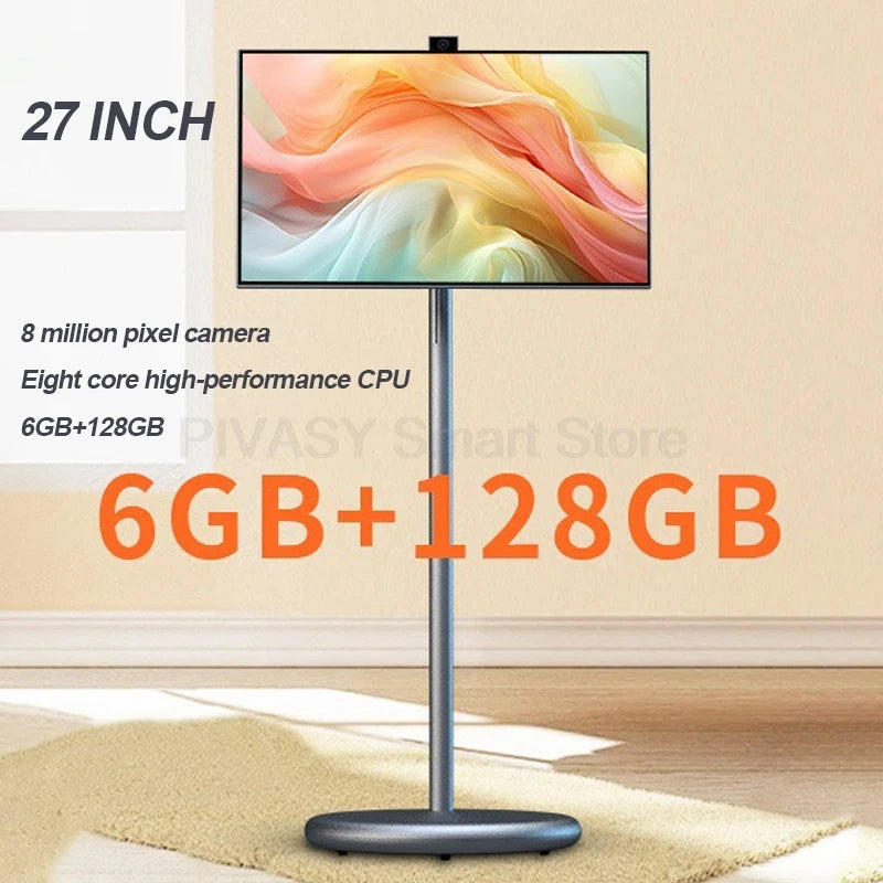 27 Inch Portable Smart TV Android 13 Inbuilt Camera 6+128G Rotatable Touch Screen 9600mAh Recharge Smart Display Gray Monitor