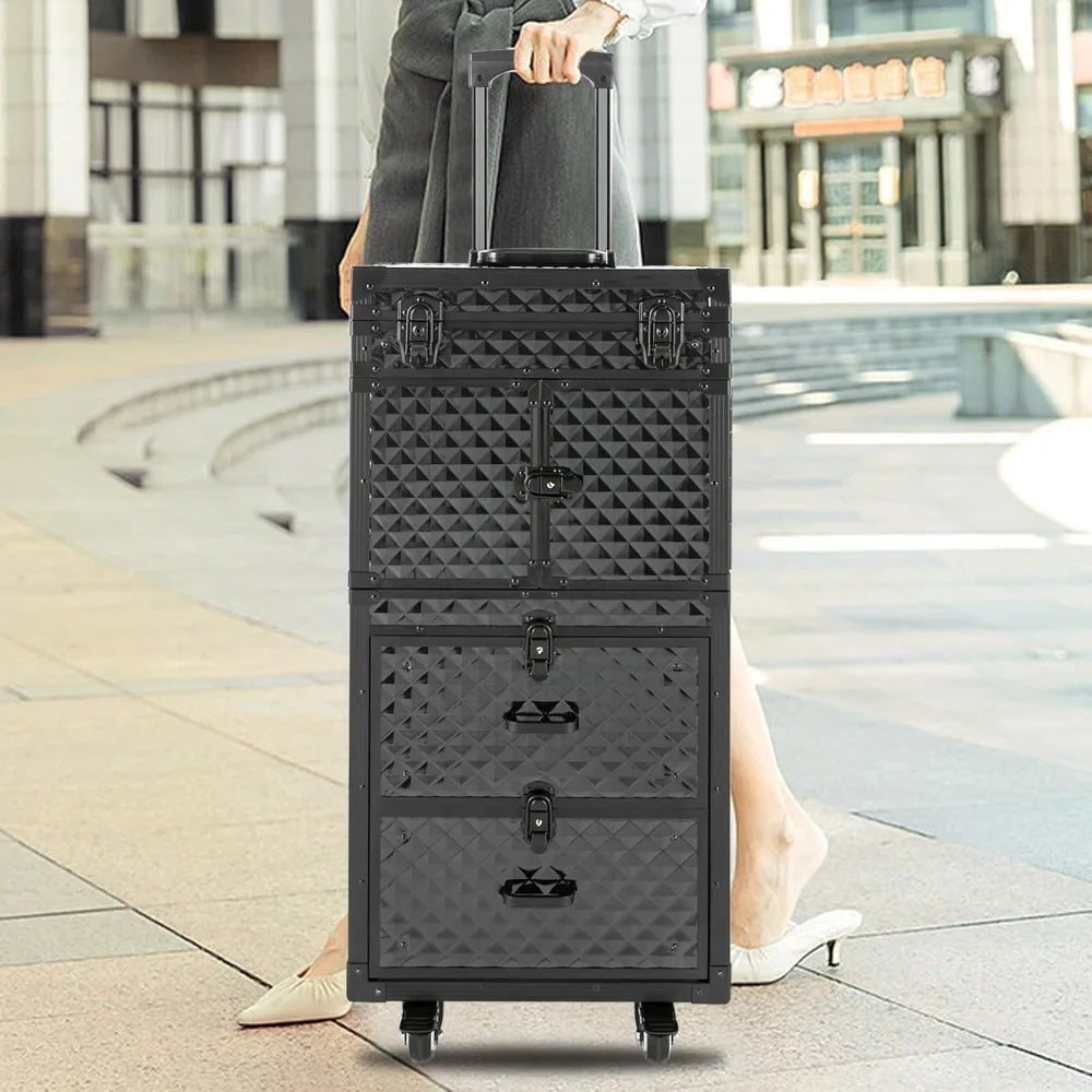 Rolling Lockable Makeup Train Case, Rolling Makeup Case | Large Trolley Storage Case Lockable | Trolley Professional Cosmetic