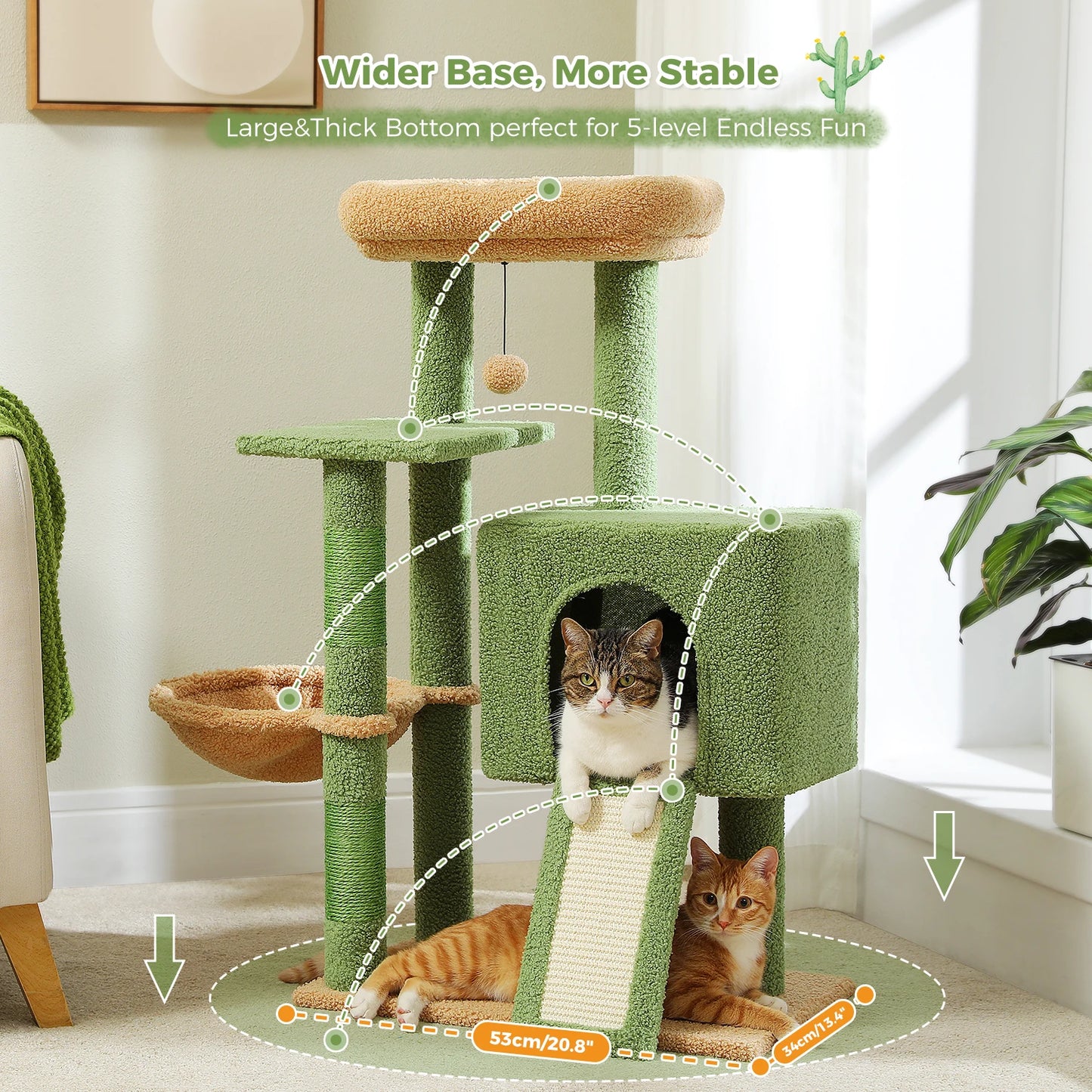 Cactus Cat Tree with Sisal Covered Scratching Post, Cozy Condo, Hammock, Multi-Level Cat Tower for Indoor Cats, Cat House Toys