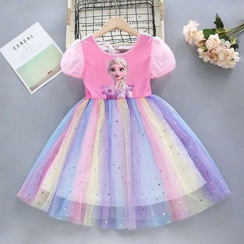2025 New Disney Summer Kids Dress Clothes Pretty Girls Dresses Frozen Elsa Anna Princess Party Costume For Children Clothing