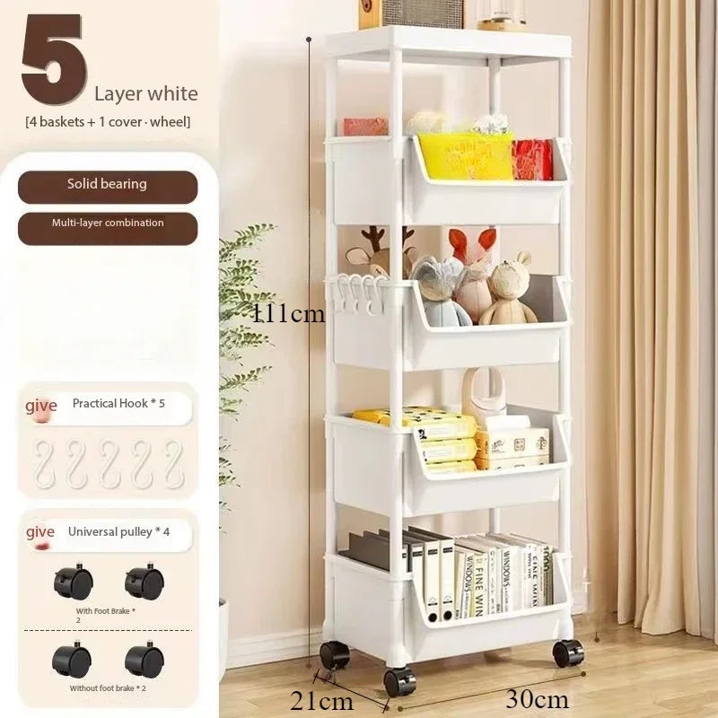 Storage Rack Large Capacity with Wheels Narrow Slit Bookshelf Storages Cart Multi Layer Plastic Living Room Home Organizers
