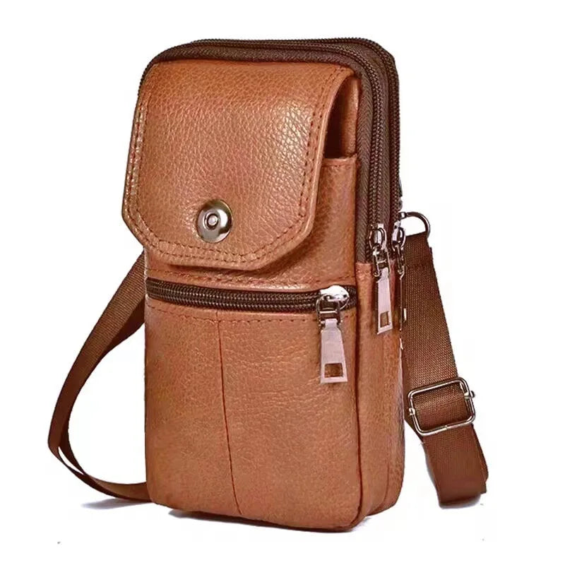 Men's Messenger Bag Cowhide Leather Bag Mobile Phone Pouch Pocket Wallet Male Small Travel Waist Bag Multi-Pockets Chest Bag