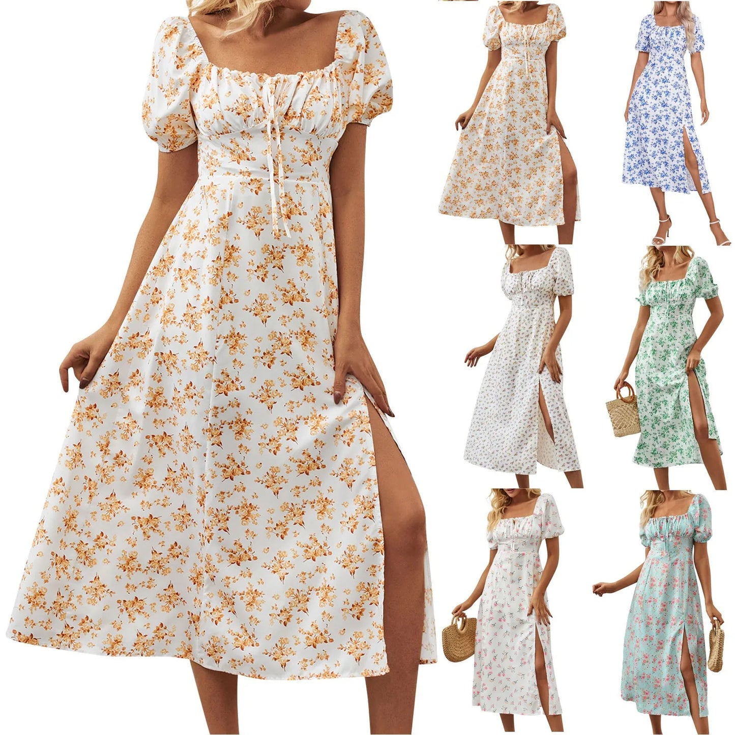Women'S Summer New Dress Fashionable Solid Color High Waist Dress Floral Printed Short Bubble Sleeve Square Neck Dresses