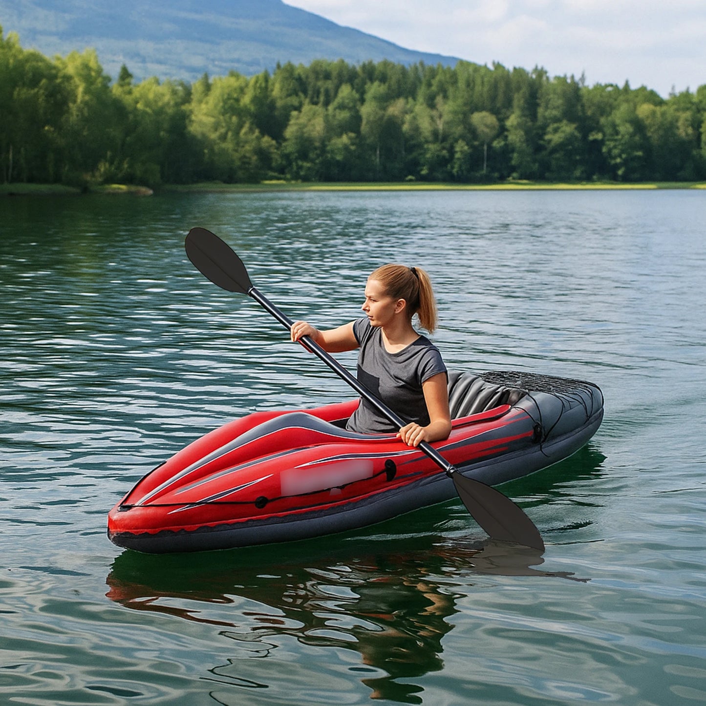 Inflatable Red Kayak Fishing Boat 1 Person Adult Canoe, with Paddles, Bag, Seats, High-Output Pump, Fin, for Lakes & Rivers
