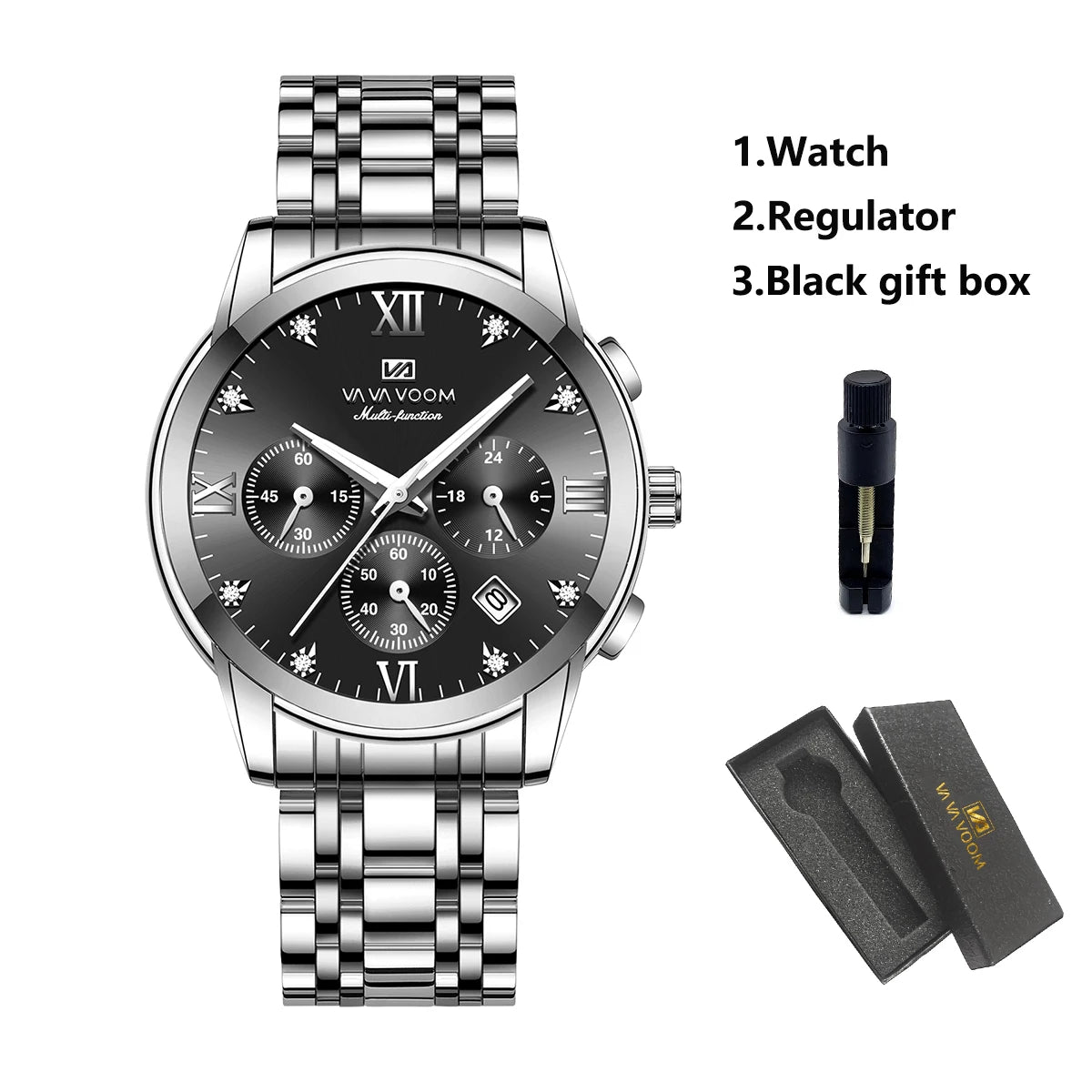 VA VA VOOM Men Multifunctional Watch Fashionable Stainless Steel Strap Blue Gold Gorgeous Rhinestone Clock Casual Sports Watches