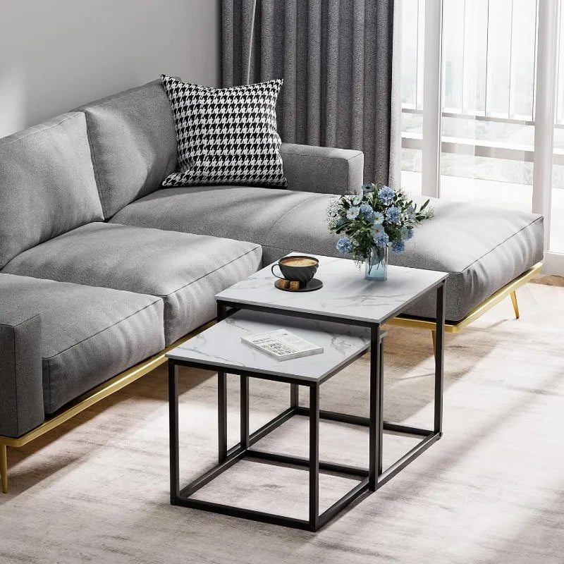 Coffee Table Set of 2, Modern Black Wooden Side Table, Metal Frame Square End Table, Center Tables,Nesting Coffee Table for