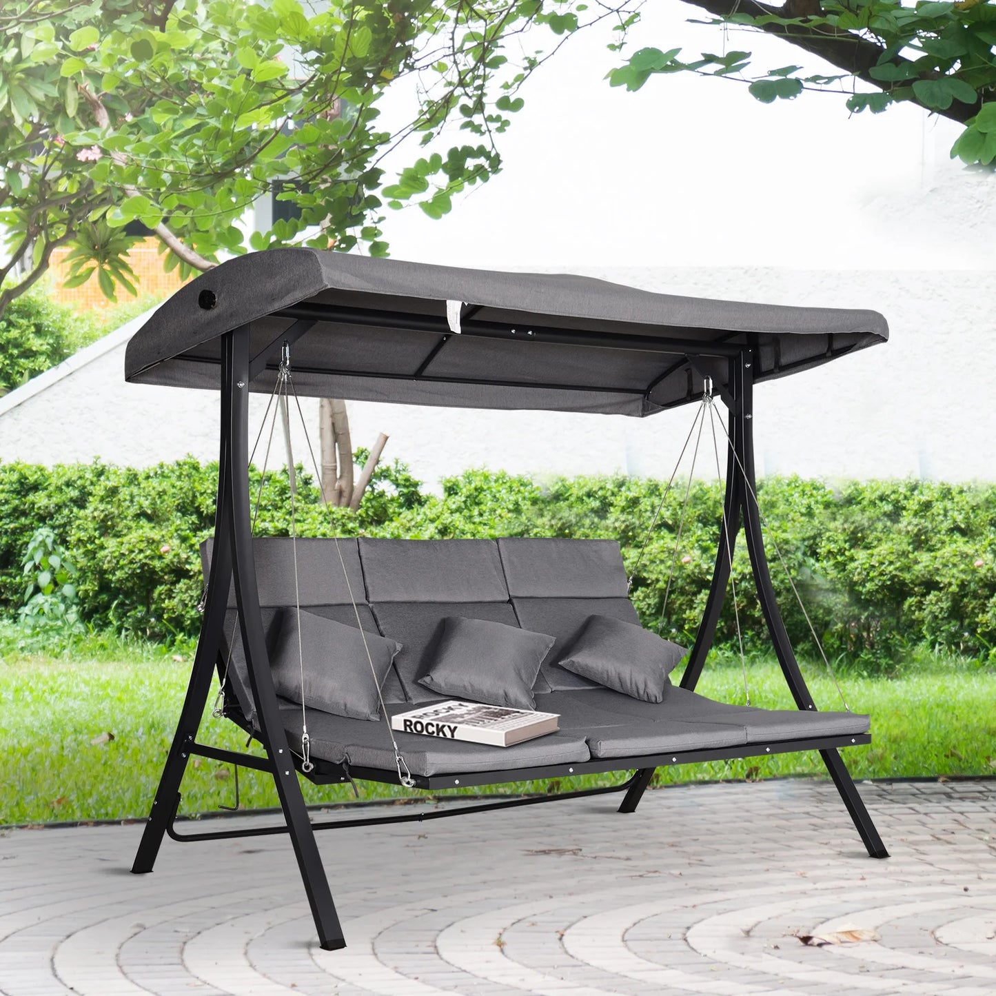 Outsunny 3 Seater Garden Swing Seat Outdoor Swing Chairs Chaise Lounge Padded Seat Hammock Canopy Porch Patio Bench