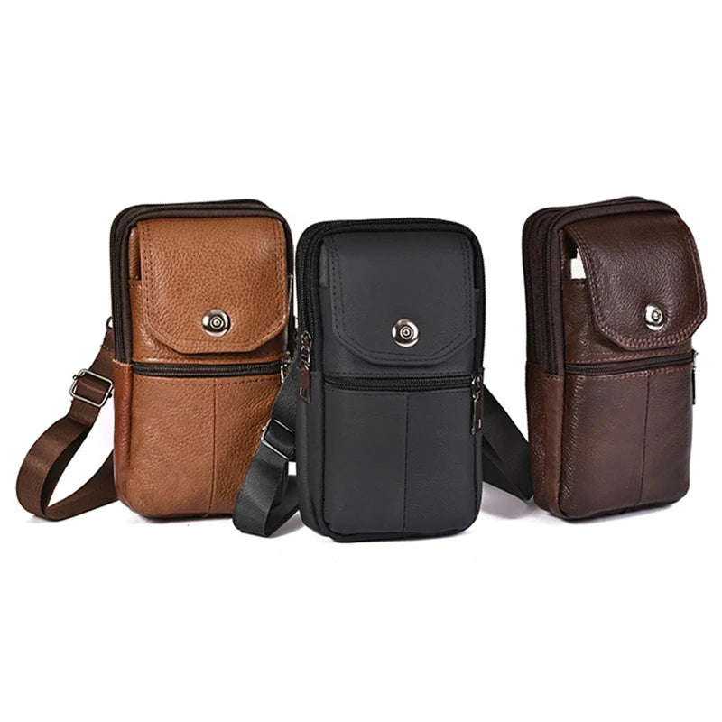 Men's Messenger Bag Cowhide Leather Bag Mobile Phone Pouch Pocket Wallet Male Small Travel Waist Bag Multi-Pockets Chest Bag