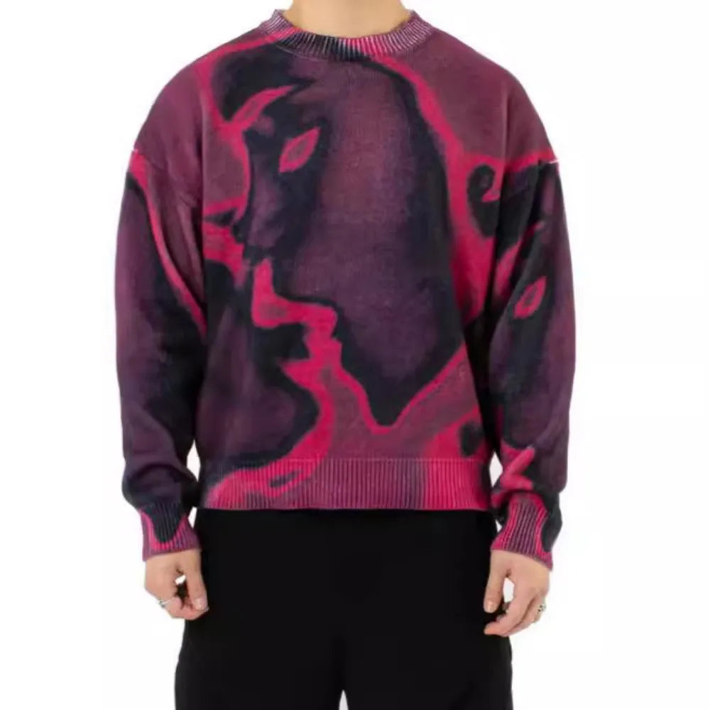New Popular Spring Autumn Graffiti Jacquard Pattern Pullover Sweater Casual Round Neck Contrast Color Knitted Men's Pullover