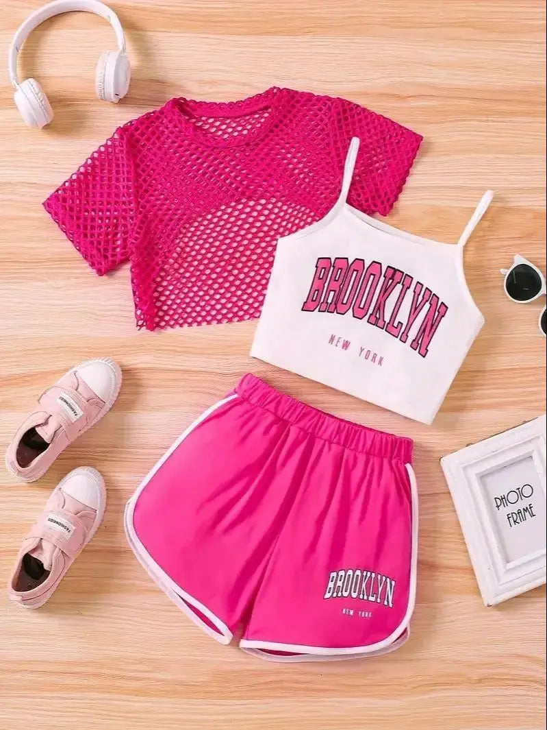 Girls Three-Piece Clothing New Breathable Summer Thin Fashion Short-Sleeved Mesh Top + Letter Printed Short Vest Suspender + Letter Printed Sports Shorts