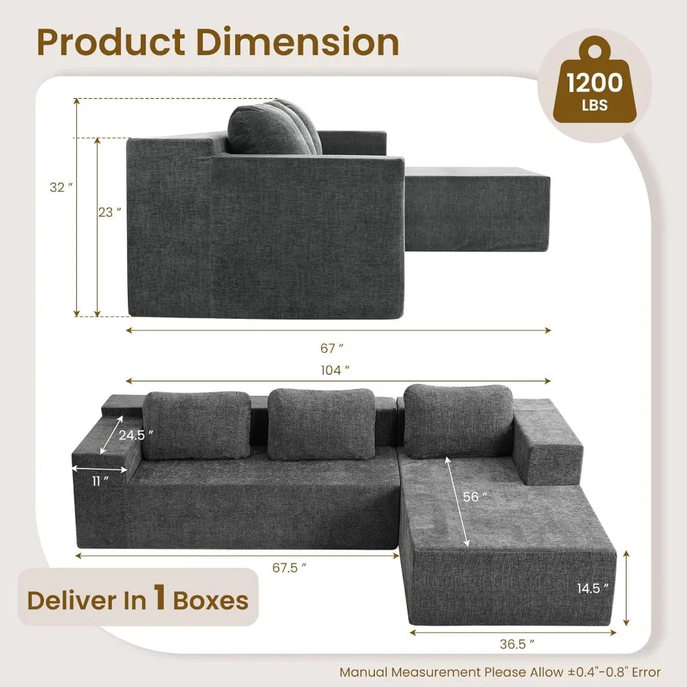 Sofa Couch Comfortable Modern Living Room Furniture, Sofa-in-a-Box, Wrinkle Resistant Chenille Fabric, No Assembly Required,