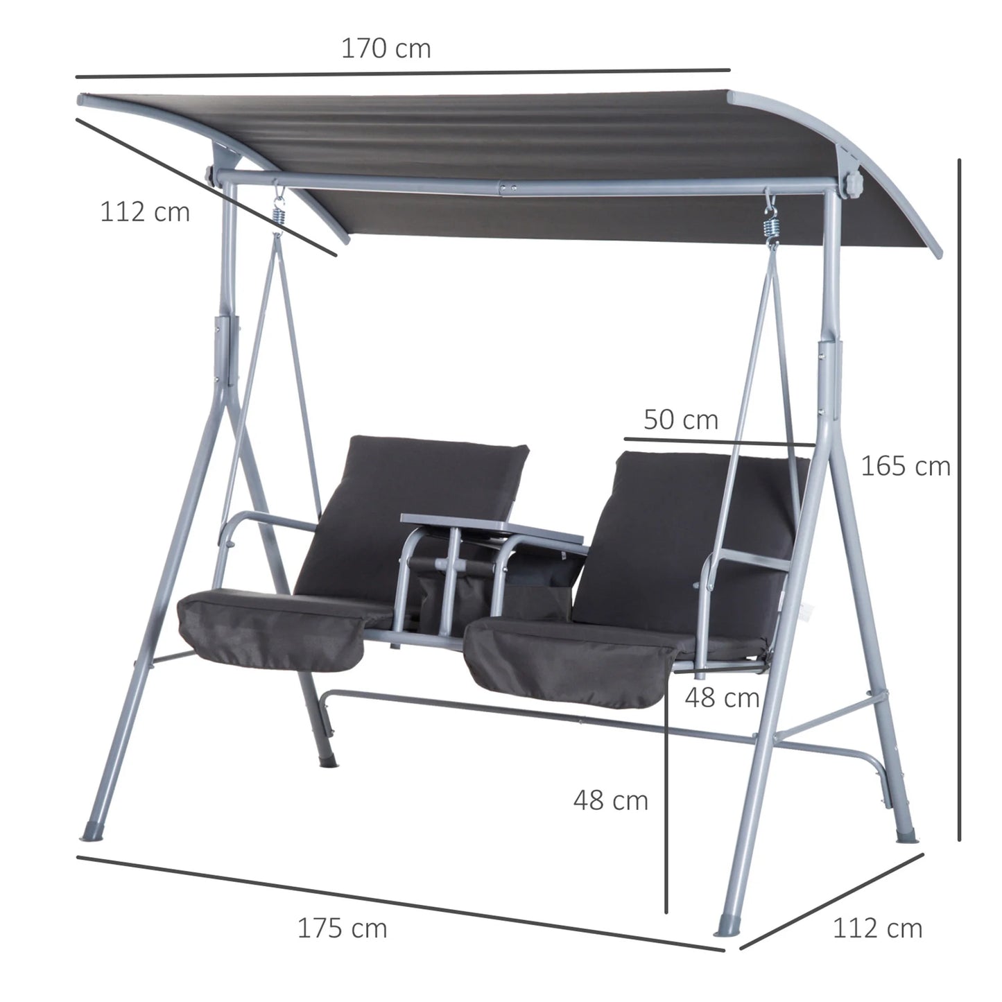Outsunny 2 Seater Garden Swing Chair Patio Rocking Bench W/ Tilting Canopy, Double Padded Seats, Storage Bag and Tray, Grey