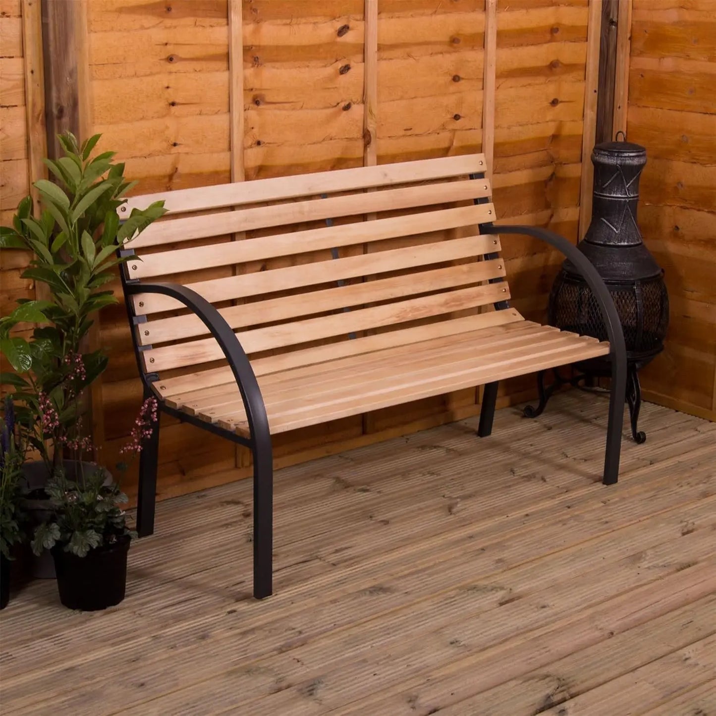 Slatted Garden Bench Wooden Seater Outdoor Furniture Seating Wood Slats Steel Legs Park Patio Seat