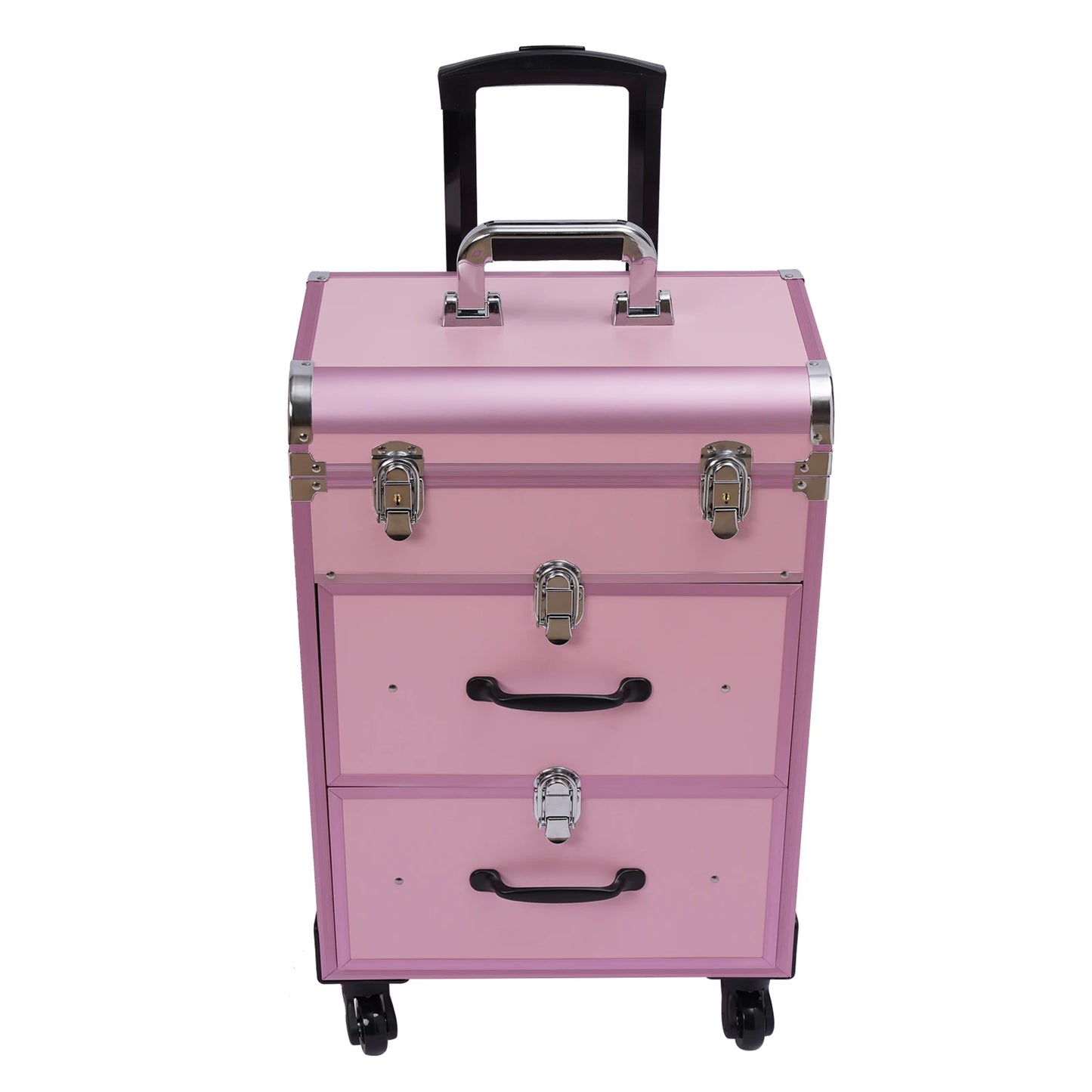 3 Layers Professional Makeup Rolling Train Case w/ 2 Drawers Make-up Traveling Case Trolley on Wheels Cosmetic Organizer w/Locks