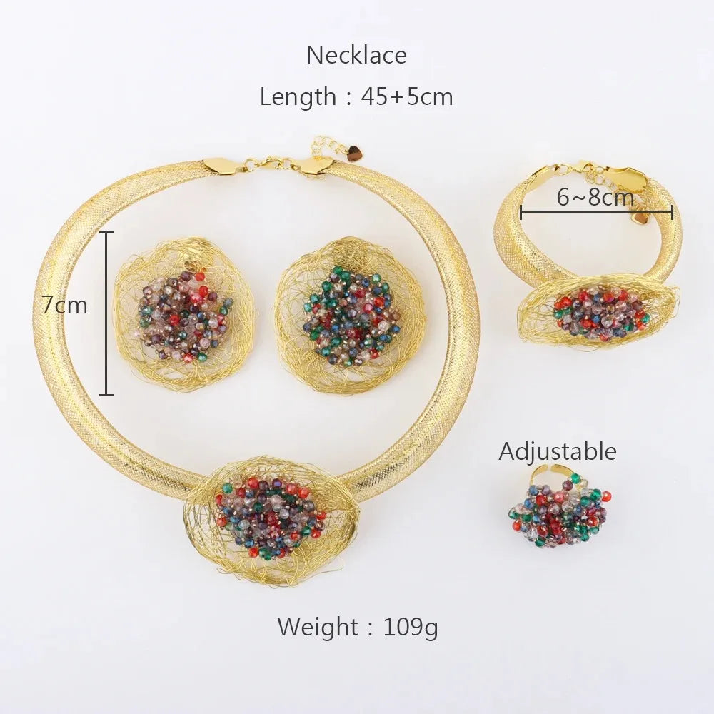 Exaggerate Jewelry Set for Women African Zircon Design Necklace and Big Earrings Weddings Bridal Cuff Bangle Ring Set for Party