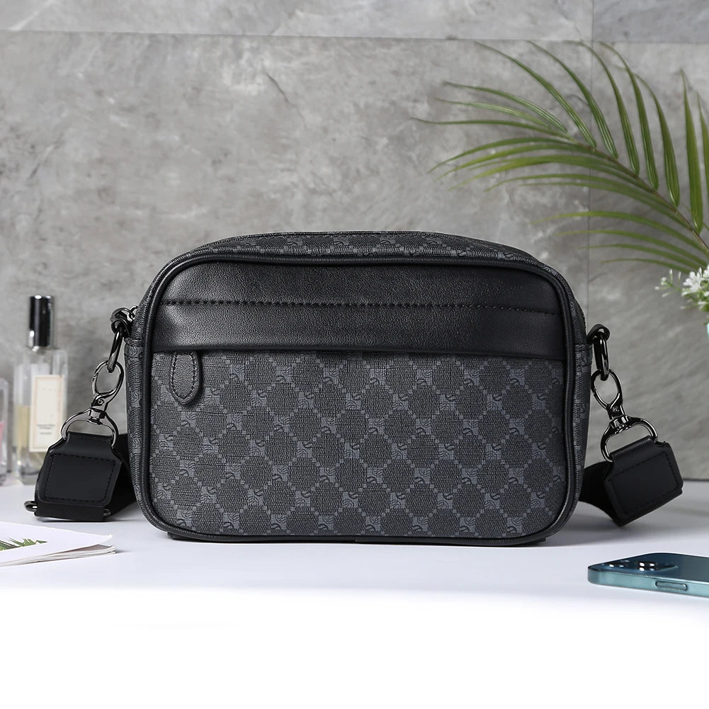 Leather Fashion Crossbody Bag Classic Pattern Casual Business Men Shoulder Crossbody Bag Wide Strap Small Square for Travel Work