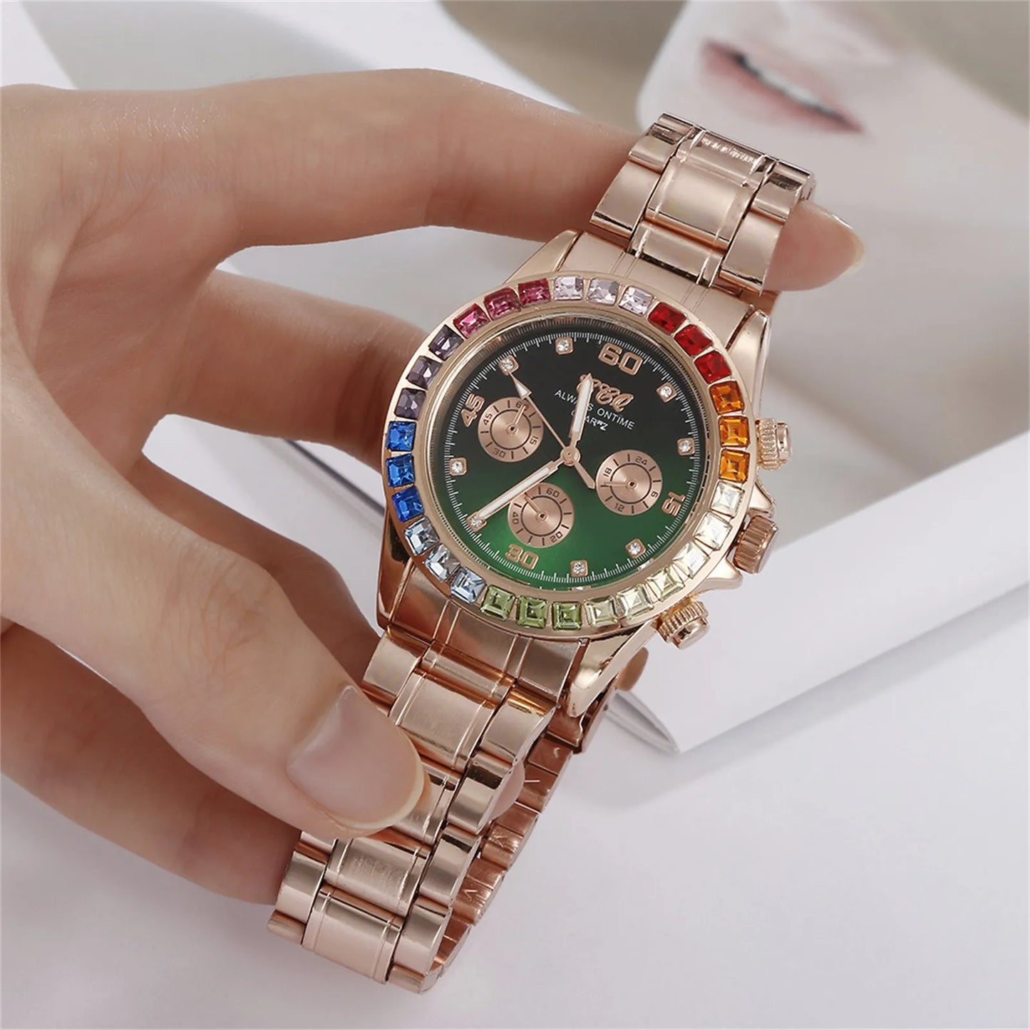 Colored Diamond Men'S Quartz Watch Stainless Steel Colored Rhinestone Men'S Watch Three-Eye Square Diamond Watch Montres Hommes