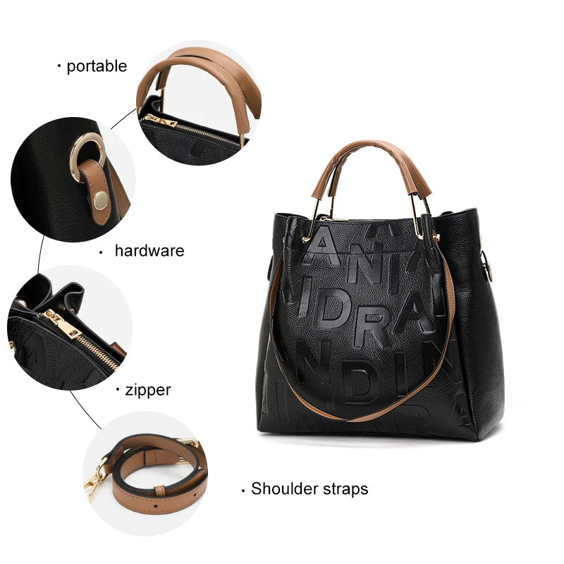 High end black women's handbag with large capacity made of high-quality cowhide and printed with letters