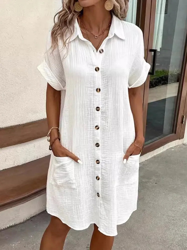 2024 Summer Women's New Fashionable Simple Sexy V-neck Button Single Breasted Short Sleeve With Pocket Dress Women's Wear