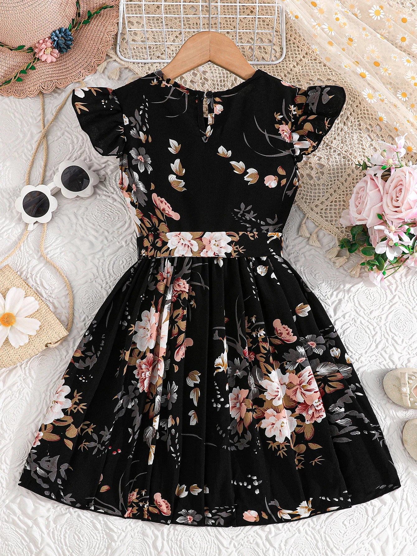 Dress For Kids 5-14 Years old Birthday Cute Floral Ruffled Sleeve Pleated Skirt Princess Dresses Ootd For Baby Girl