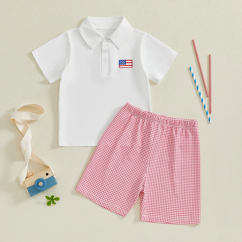 Toddler Boy Independence Day Clothing Set Short Sleeve Lapel Shirt Plaid Shorts Outfit 4th of July Baby Clothes