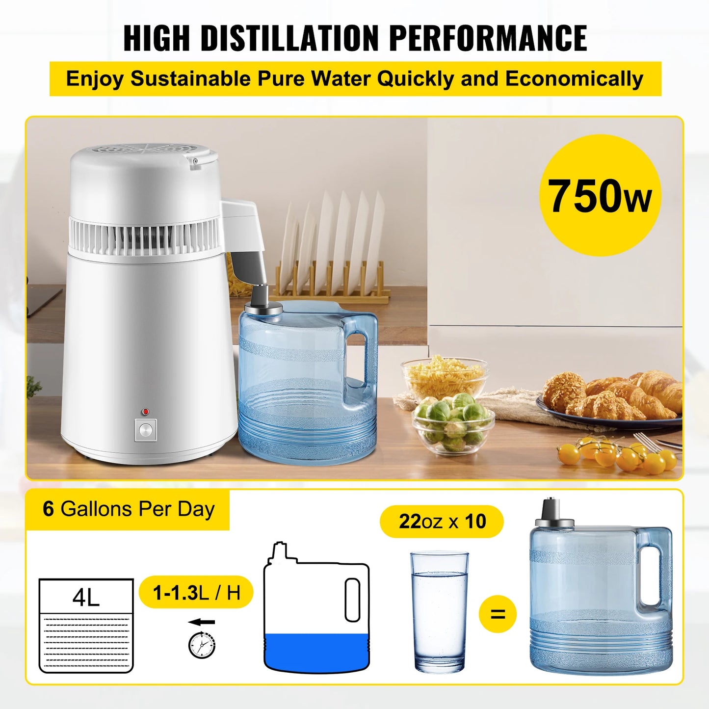SucceBuy 4L Water Distiller Purifier Filter Dispenser Heating Drinking Bottle Softener 304 Stainless Steel Home Appliance