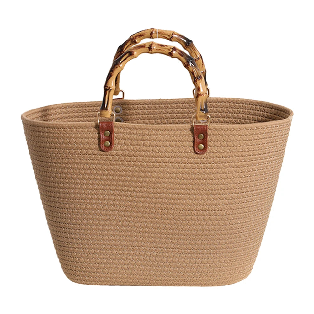 Beach Vacation Bags Bamboo Handle Women Weaving Bag Large Capacity Striped Portable Casual Fashion Exquisite for Seaside Party