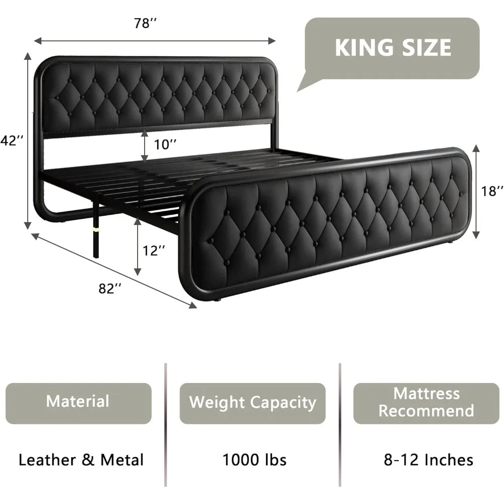 King Size Bed Frame, Upholstered Bed Frame with Faux Leather Headboard, 12" Under Bed Storage, Black