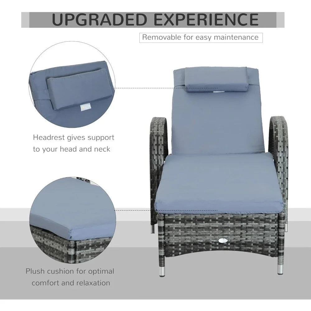 2PC Rattan Sun Lounger Recliner Bed Reclining Chair Patio Garden Outdoor Wicker Weave Adjustable Headrest