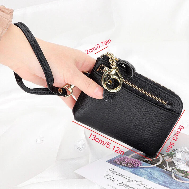 Mini Genuine Leather Women's Lychee Pattern Wallet Zipper Around Card Coin Purse with Detachable Wrist Strap Handbag