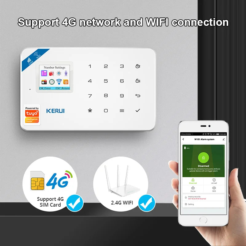 KERUI 4G/2G Smart Home Security Alarm System with Door Sensor Motion Detector Siren Tuya Smart WIFI GSM Burglar Alarm Kit
