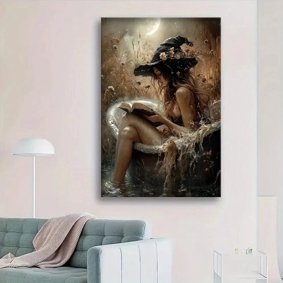 "Witch in Bathtub Canvas Mural: Dark Academia Witchy Decor – Perfect for Bathrooms | Ideal Halloween Gift"
