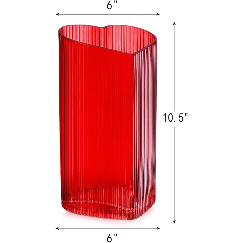 Decorative Vase Heart Shaped Glass Flower Vase for Home Wedding Table Centerpieces (Red)