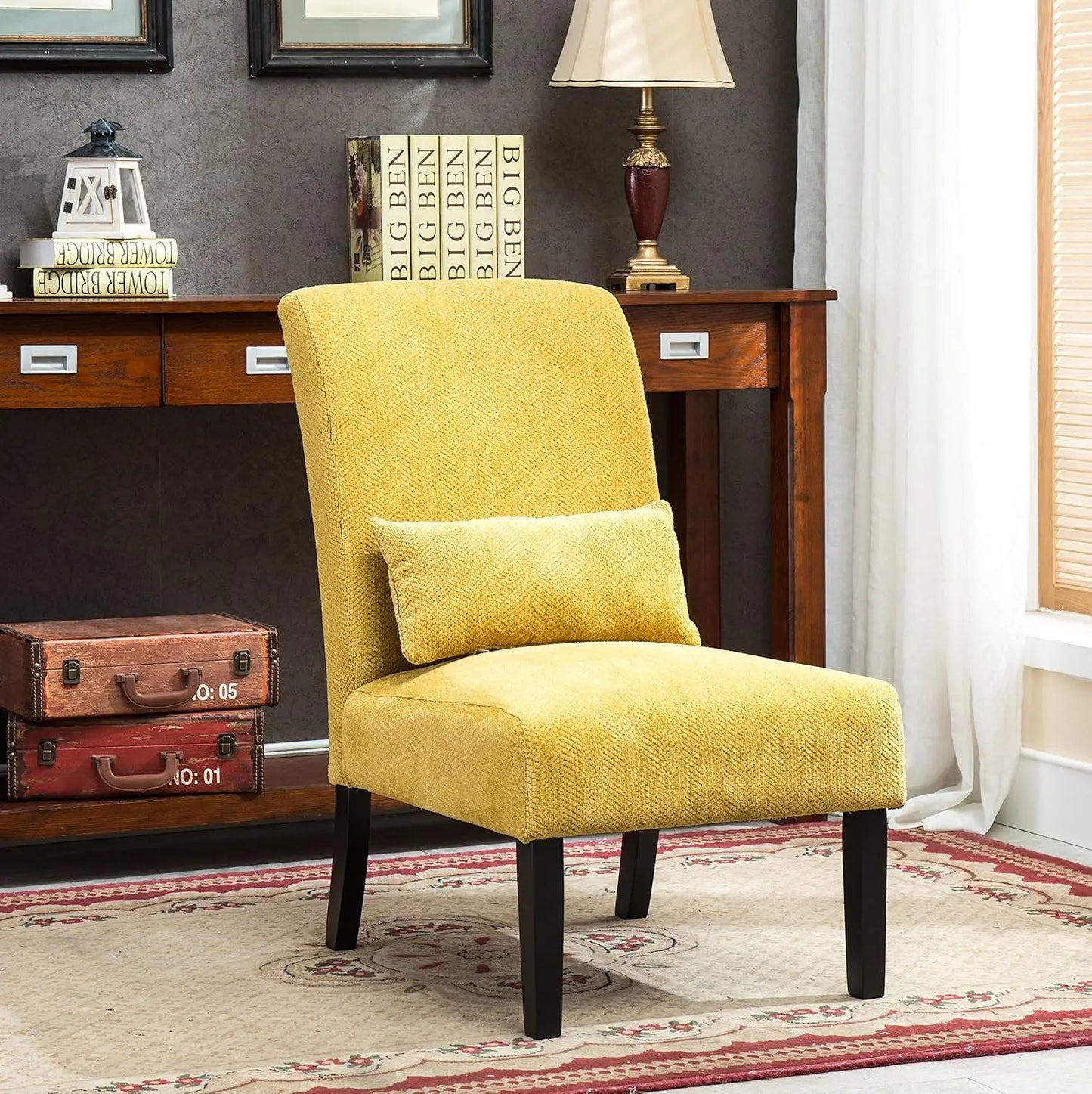 Pisano Teal Fabric Armless Contemporary Accent Chair with Kidney Pillow