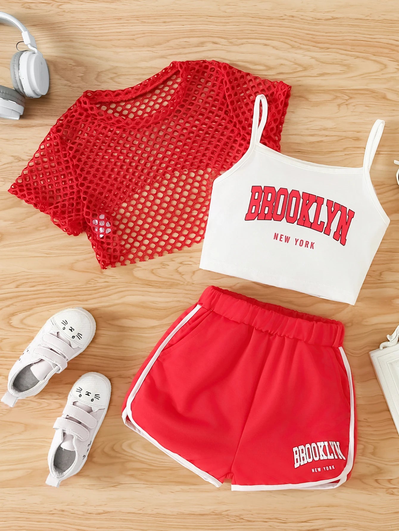 Girls Three-Piece Clothing New Breathable Summer Thin Fashion Short-Sleeved Mesh Top + Letter Printed Short Vest Suspender + Letter Printed Sports Shorts