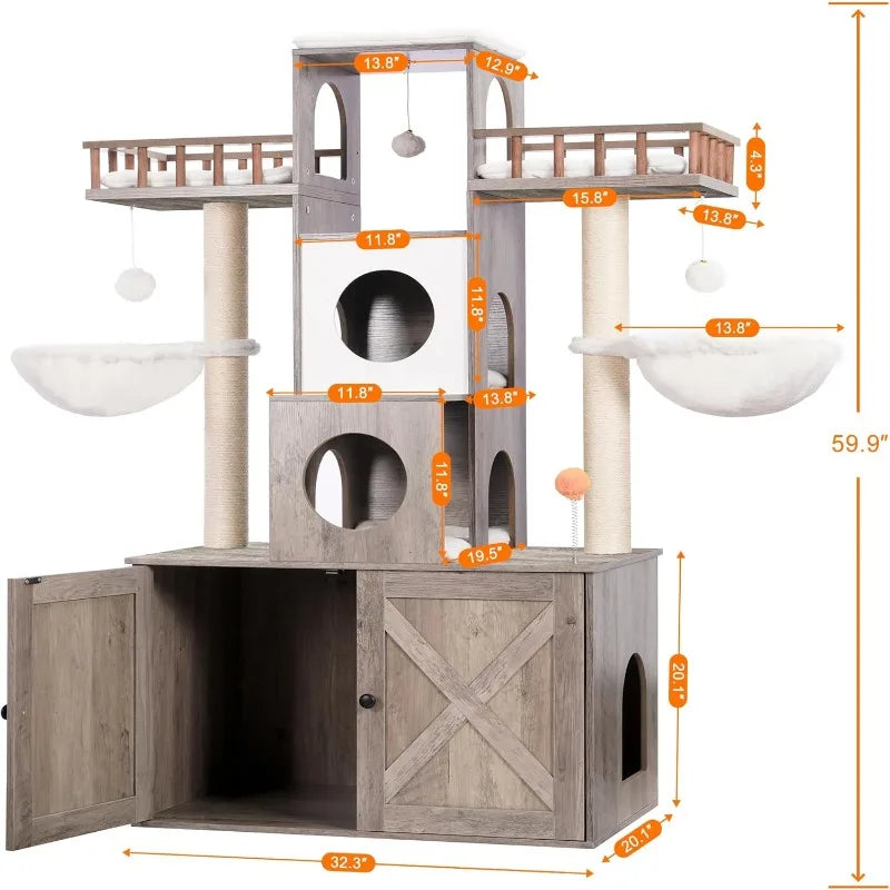 Cat Tree with Litter Box Enclosure for Indoor Big Cat Tower for Large Cats HeavyDuty Modern Cat Condo Furniture Scratching Posts