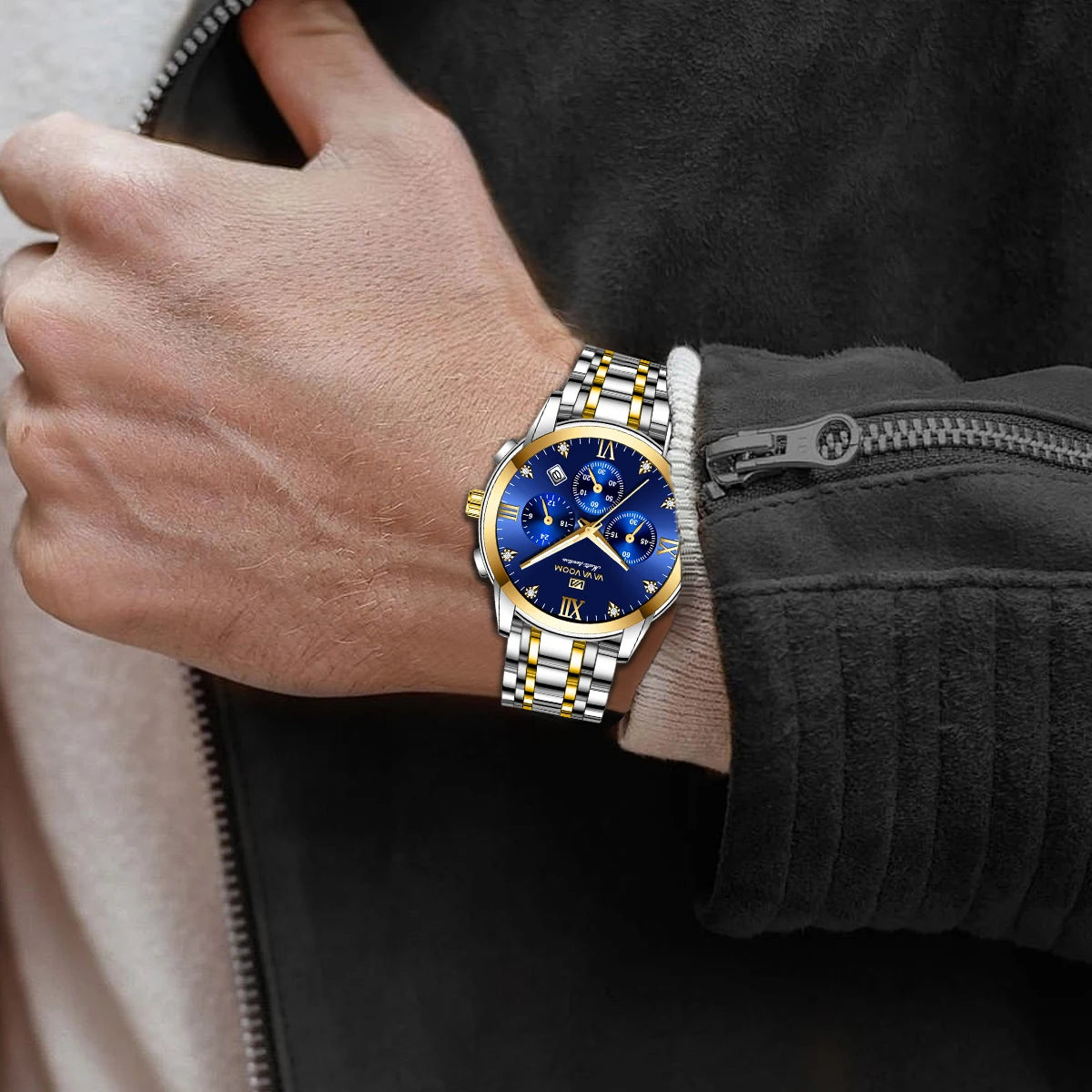 VA VA VOOM Men Multifunctional Watch Fashionable Stainless Steel Strap Blue Gold Gorgeous Rhinestone Clock Casual Sports Watches