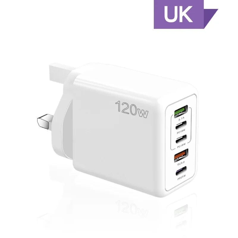 120W 5 in 1 2 USB 3 Type C Quick Charging Fast Wall Charger For iPhone Samsung Xiaomi Huawei Oppo Mobile Phone Adapter