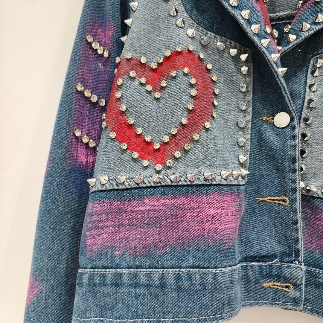 Women Spring Hand Painted Graffiti Diamonds Beaded Denim Jacket Loose Rivets Jeans Coat Turn Down Collar Cowboy Cardigan Tops