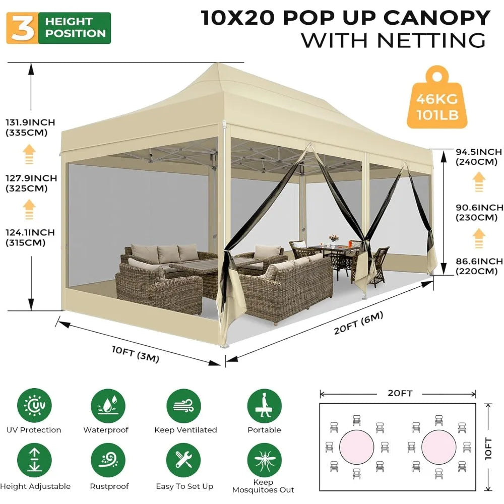 10x20 Heavy Duty Pop Up Canopy Tent with 6 Sidewalls, Commercial Gazebo Party Tent with Mosquito Netting Wall Easy Set Up Outdo