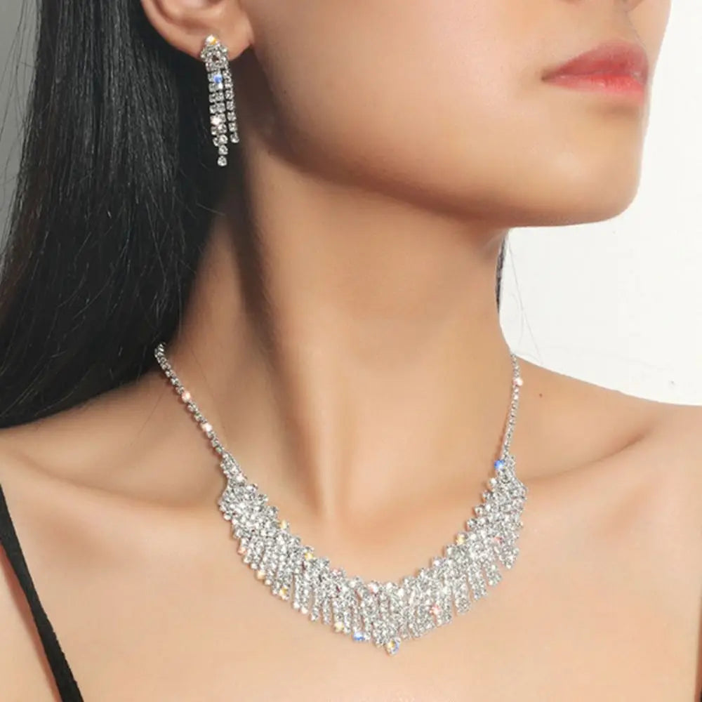 Wedding Party Crystal Rhinestone Jewelry Set Shining Diamond Earrings Tassels Exquisite Necklace Women