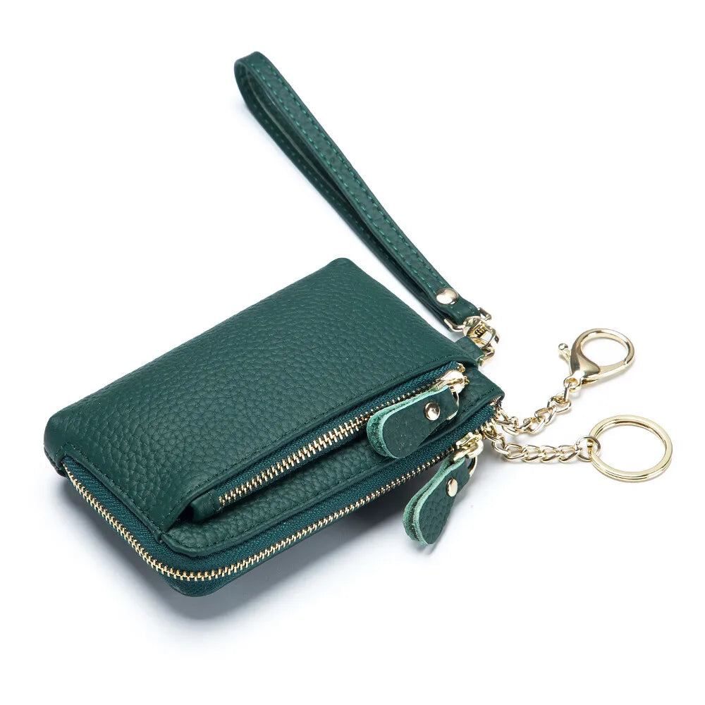Mini Genuine Leather Women's Lychee Pattern Wallet Zipper Around Card Coin Purse with Detachable Wrist Strap Handbag