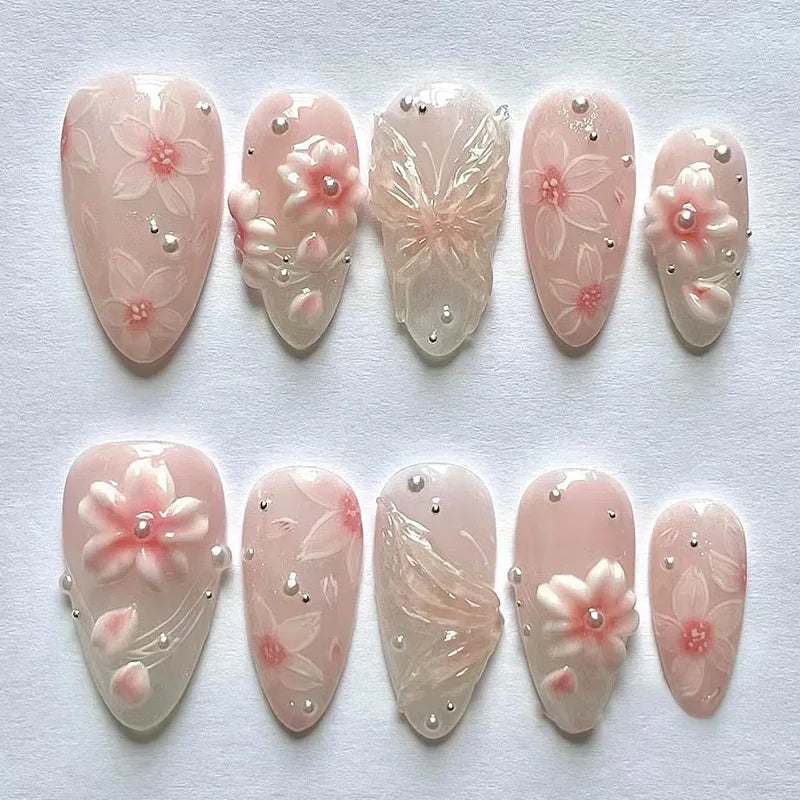 24PCS Blue Gradient French False Nails 3D Flowers Shell with Seastar Diamonds Fake Nails for Women Wearable Almond Nail Manicure