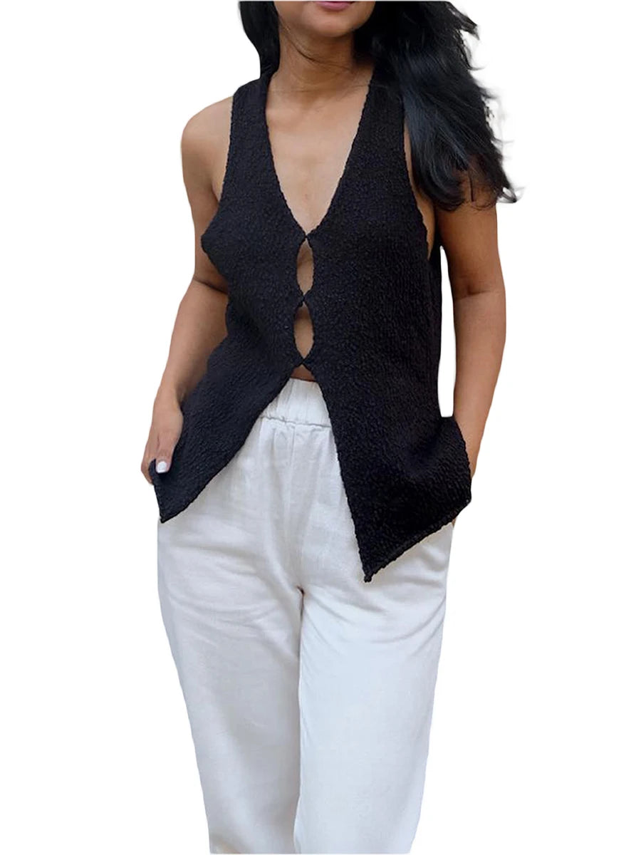 Women Knit Vests Solid Color V-Neck Sleeveless Hollow-Out Front Sweater Vests Pullovers Casual Tank Tops Streetwear