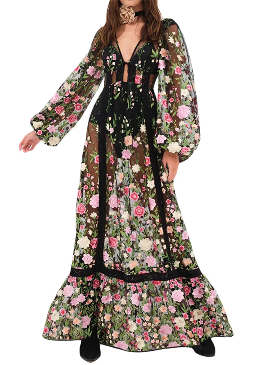 Women s Summer Long Beach Dress Long Sleeve V Neck Backless Floral Bikini Cover Up