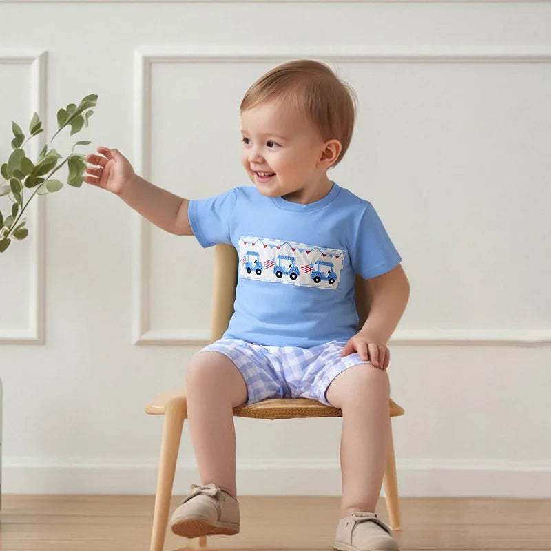 Infant Boy Independence Day Apparel Set with Short Sleeve Tee and Embroidered Shorts - Patriotic Toddler Outfit for 4th of July